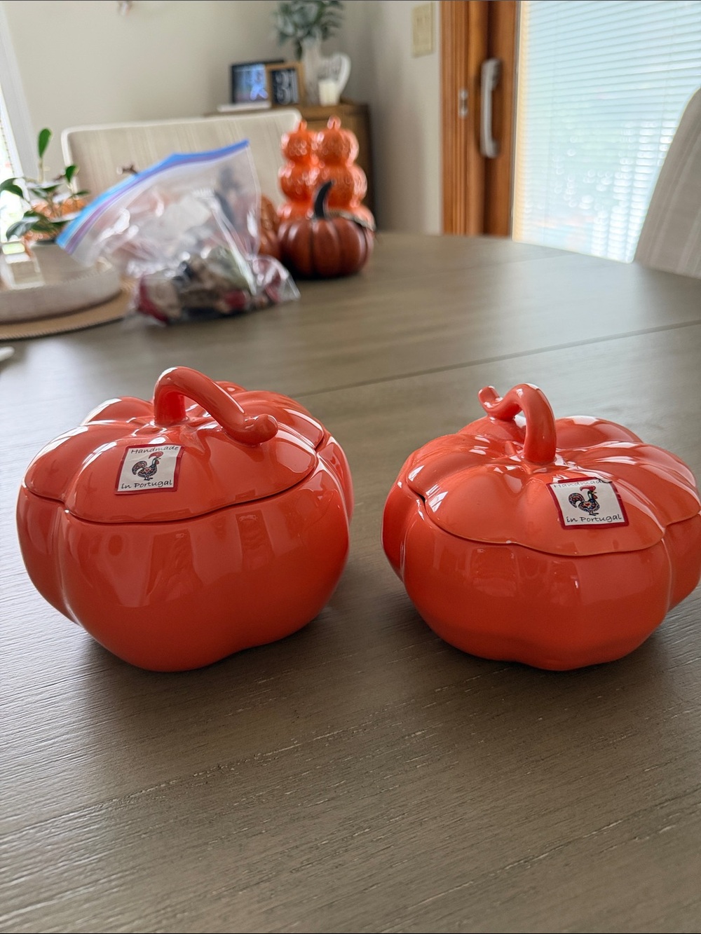 Bright orange Ceramic Pumpkin Bowls with covers Set of 2 made in Portugal